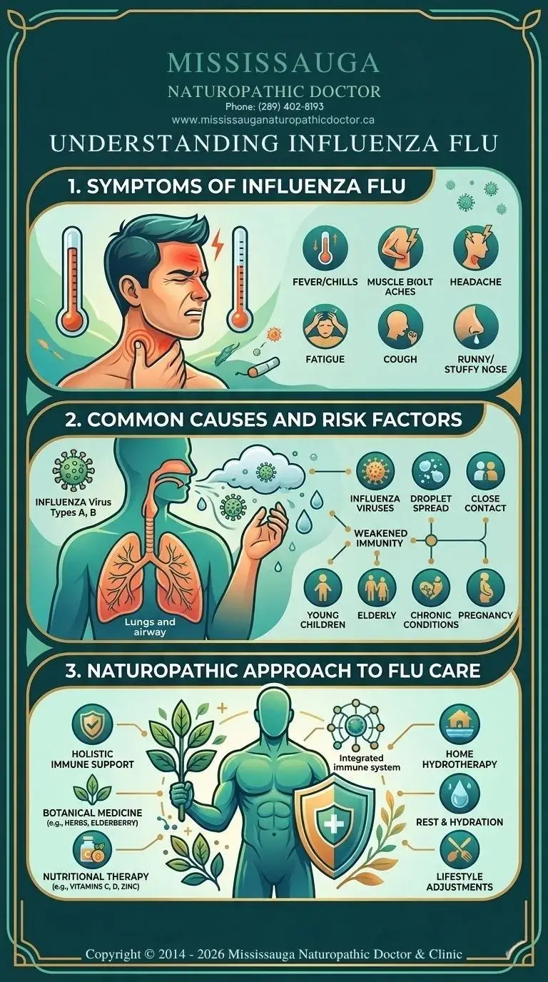 Infographic on influenza symptoms and care